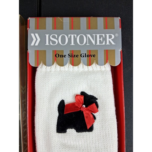 Vintage Isotoner Scotty Dog Knit Gloves One Size Womens White New In Box - Picture 1 of 6
